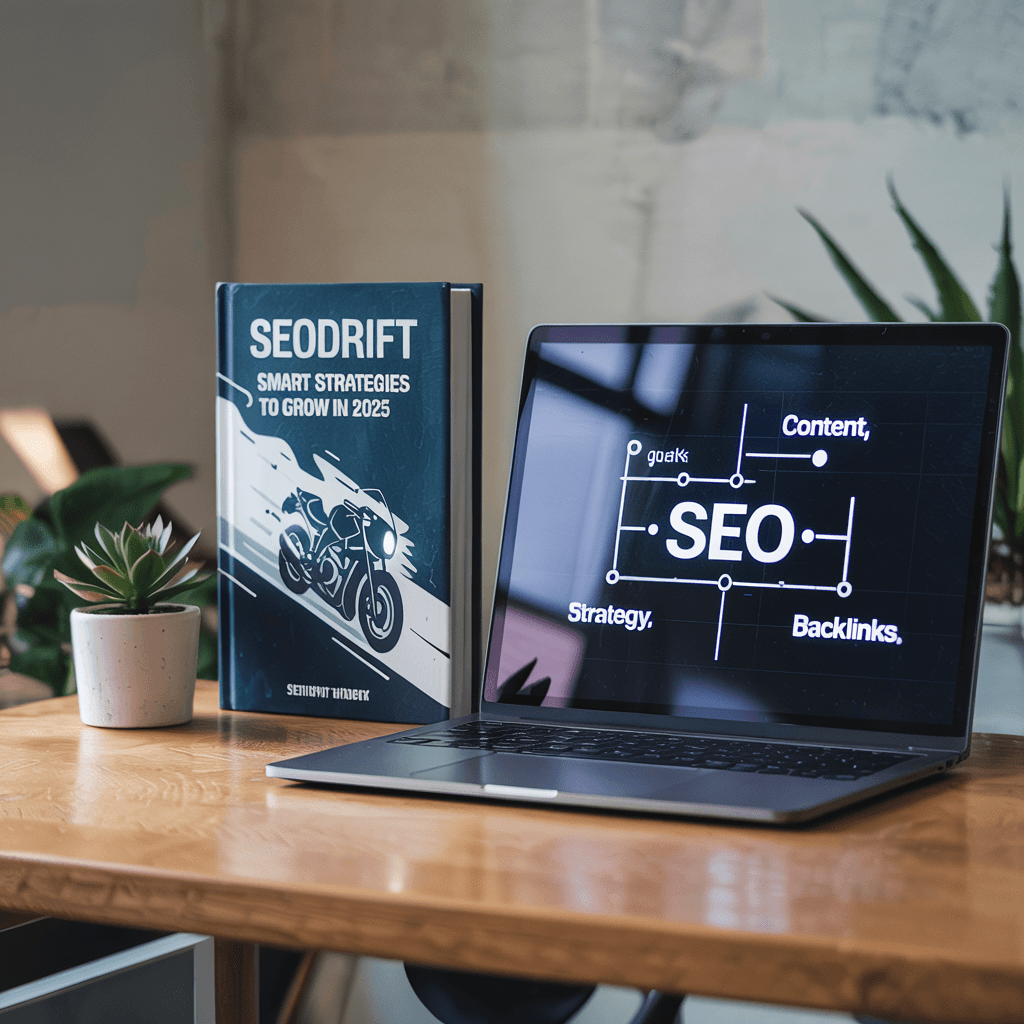 A clean and modern desk setup for a digital product showcase. A realistic hardcover book titled "SEOdrift – Smart Strategies to Grow in 2025" stands upright on a wooden table. The book cover features a bold and stylish design with a dark blue background and a dynamic illustration of a drifting motorcycle, representing speed and control. Next to the book, a sleek laptop is open, displaying a dark screen with a white SEO diagram showing keywords like “CONTENT,” “STRATEGY,” and “BACKLINKS.” The scene is lit with soft natural light, and the overall atmosphere is minimal, modern, and made for digital entrepreneurs.